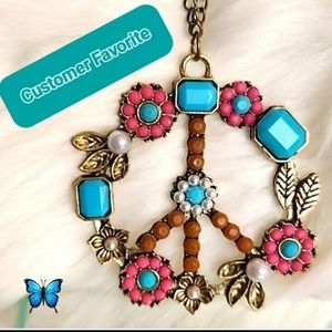 Peace Sign Pendant Necklace Turquoise Multi Gem